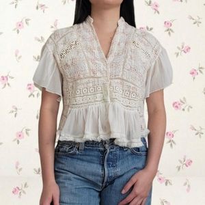 Anthropologie Eyelet Crochet Plaid Button Up Shirt Blouse